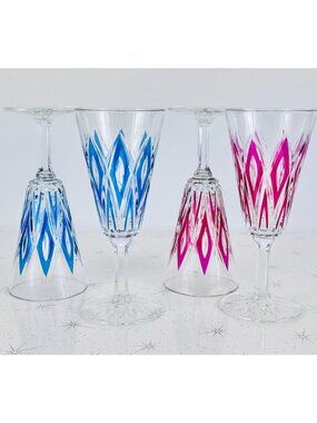 Set of 4 vintage 50s Champagne flutes, VCM Reims France, Harlequin pattern, 6"